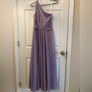 David’s Bridal Lavender Haze mesh one-shoulder bridesmaid dress with full skirt